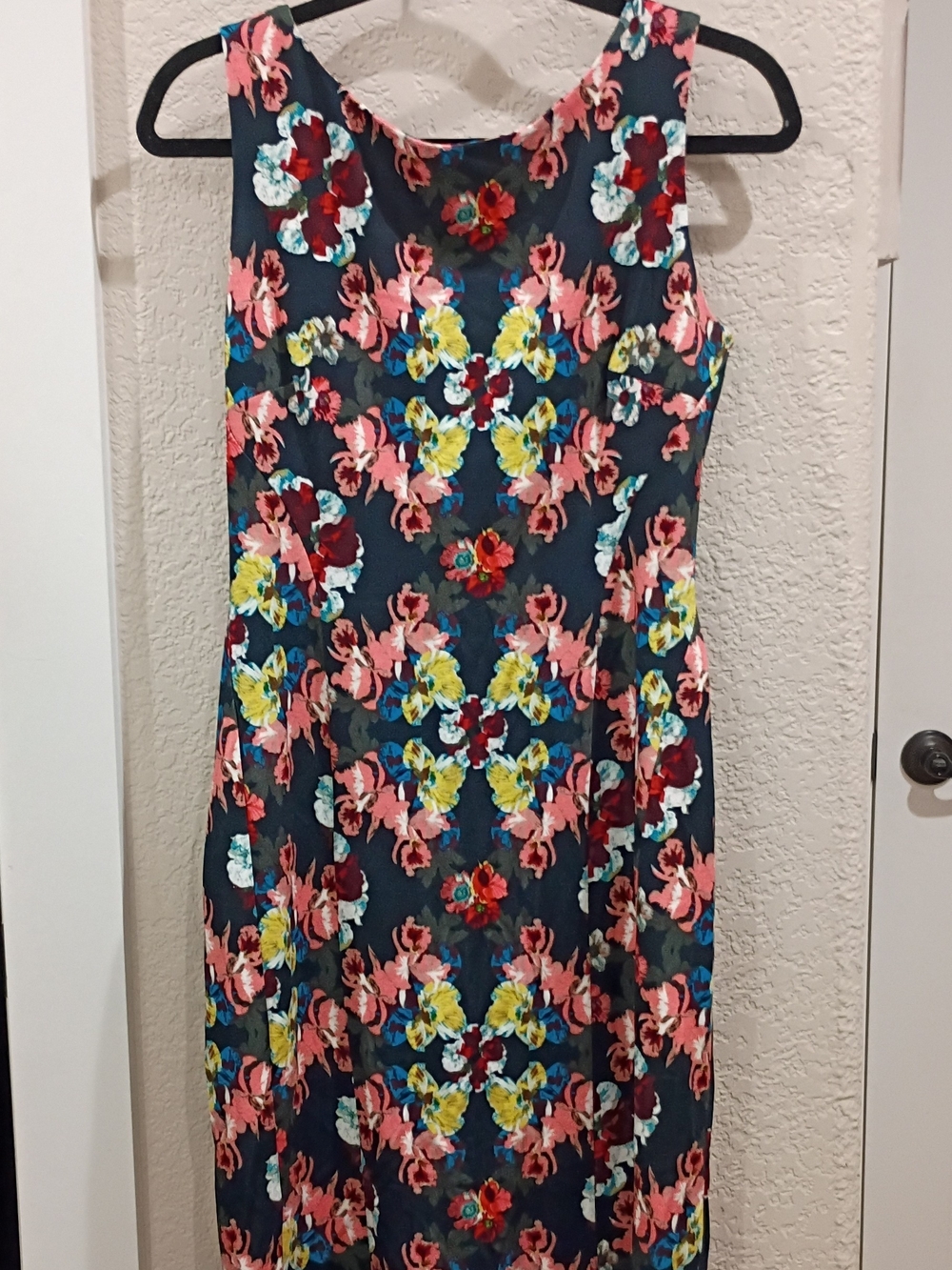 Floral Sheath Dress in Navy with Pink and Yellow Accents